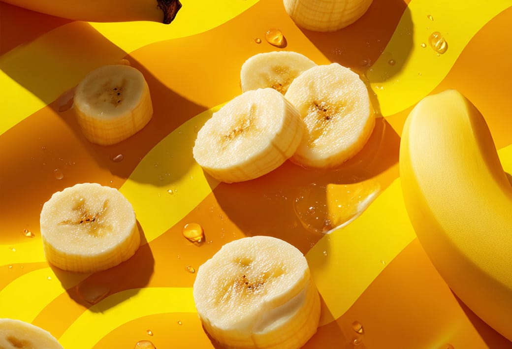 Rodajas de banana y gotas sobre un fondo de ondas amarillas y naranjas