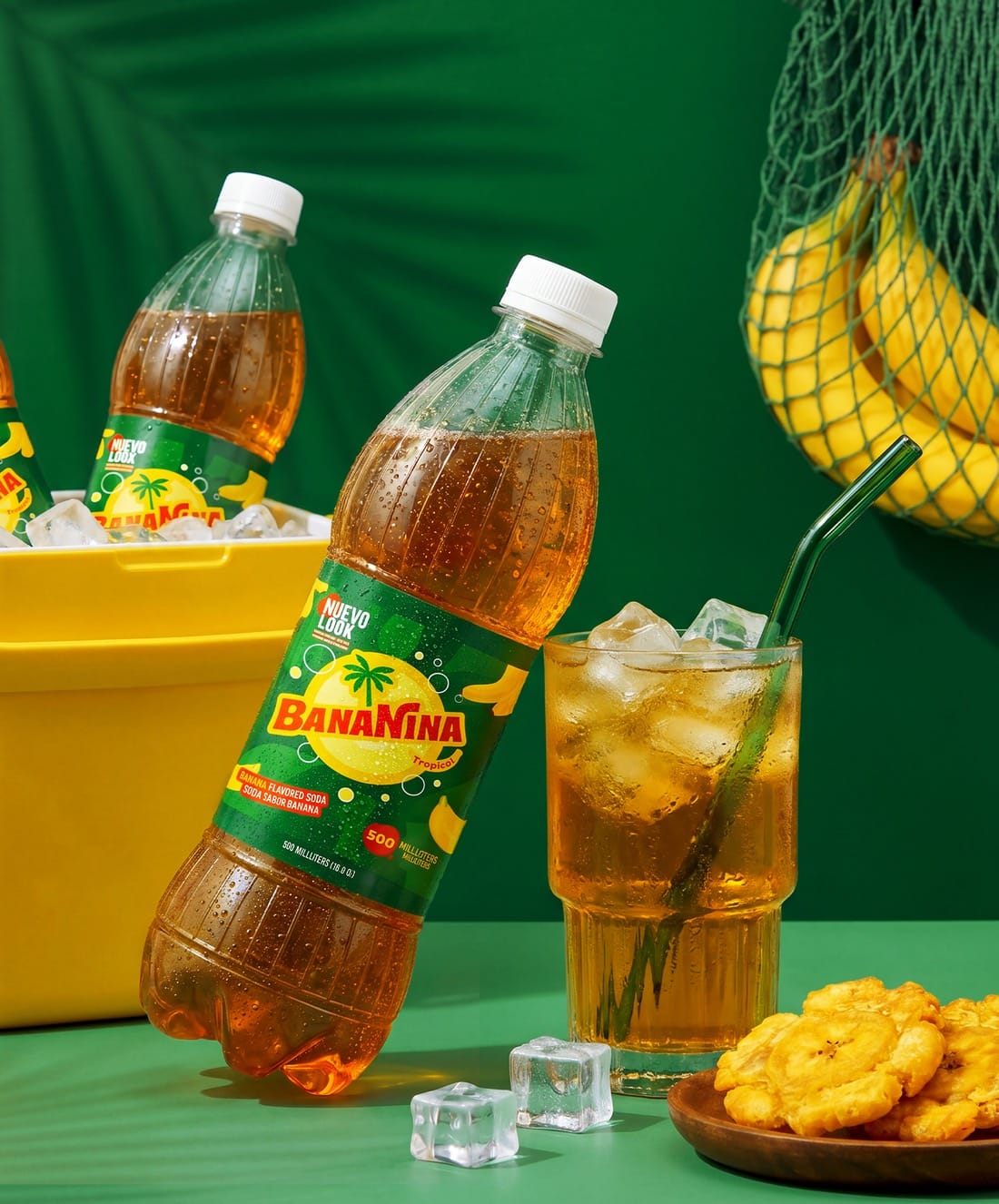 Botellas de 500 ml de Bananina sobre fondo verde, con hielera, bananas y platanitos