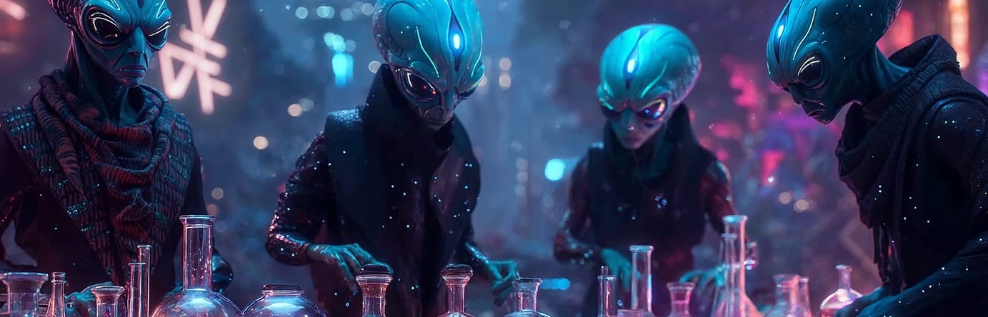 Alienígenas trabajando en un laboratorio de neón