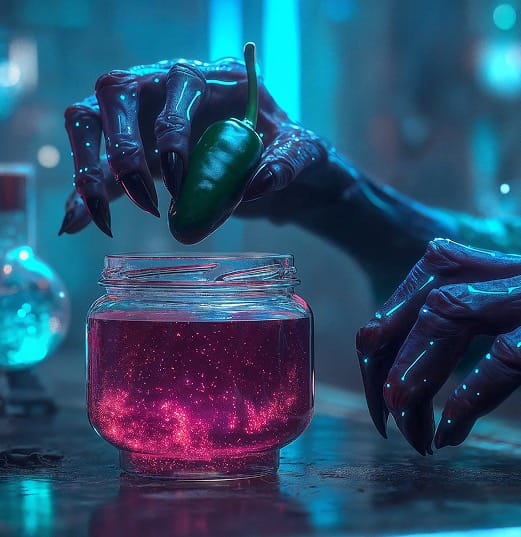 Mano alienígena depositando un chile en un frasco de salsa luminosa