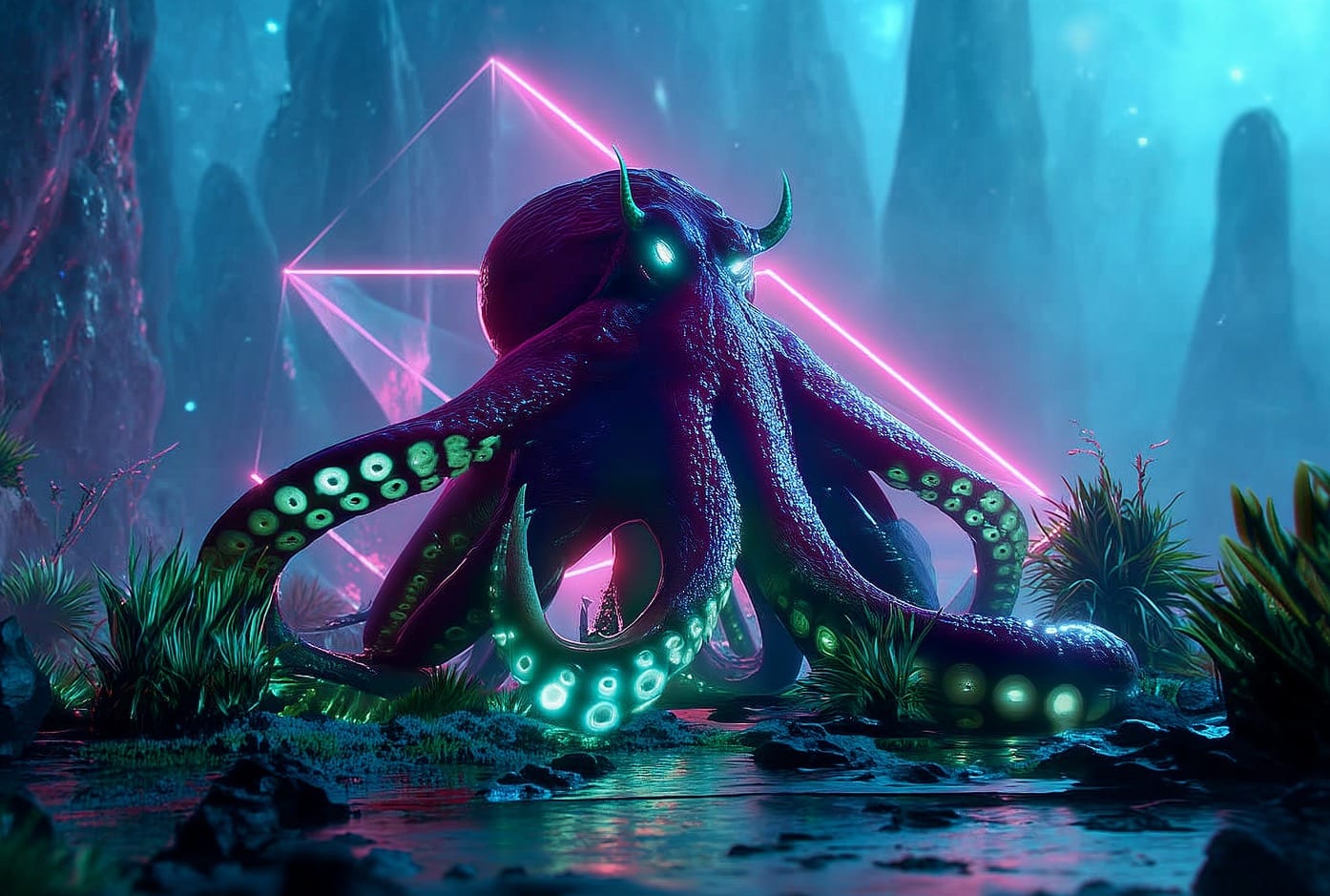 Criatura colosal bioluminiscente en un paisaje alienígena