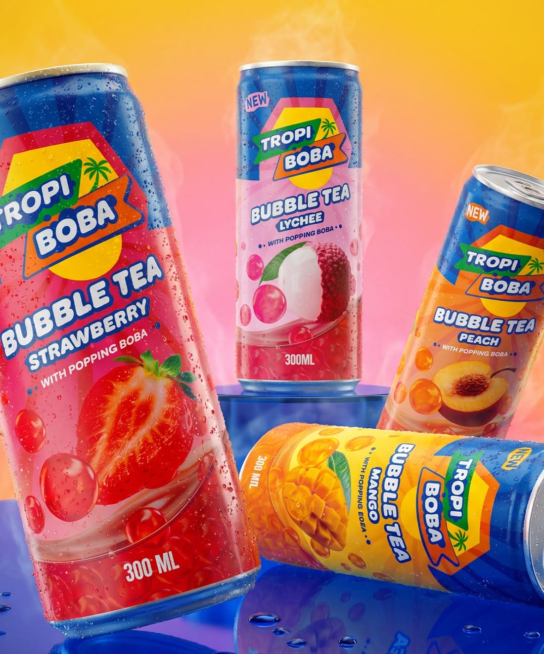 Las latas de TropiBoba de 300 ml, una por sabor, sobre un fondo de degradados